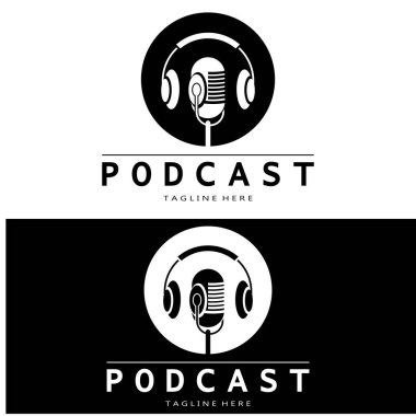 Podcast logosu, mikrofon, kulaklık, radyo dalgaları. Stüdyo, talk show, chat, bilgi paylaşımı, röportaj, multimedya ve web için.