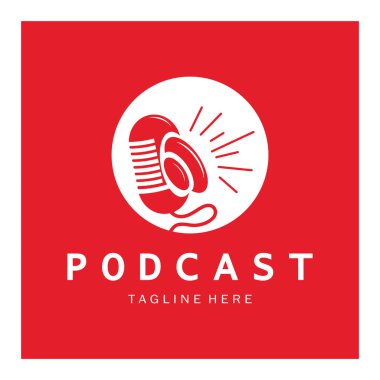 Podcast logosu, mikrofon, kulaklık, radyo dalgaları. Stüdyo, talk show, chat, bilgi paylaşımı, röportaj, multimedya ve web için.