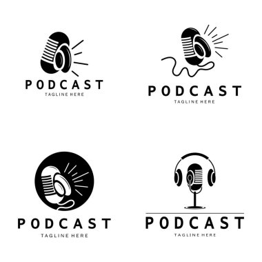 Podcast logosu, mikrofon, kulaklık, radyo dalgaları. Stüdyo, talk show, chat, bilgi paylaşımı, röportaj, multimedya ve web için.