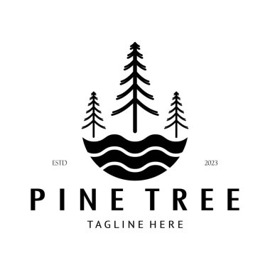 Çam ormanı, maceracılar, kamp, doğa, rozetler ve iş yerleri için basit çam ağacı logosu.