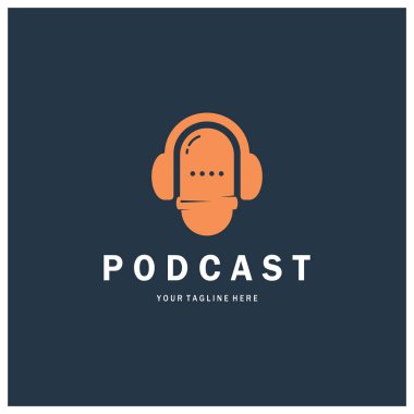 Podcast logosu, mikrofon, kulaklık, radyo dalgaları. Stüdyo, talk show, chat, bilgi paylaşımı, röportaj, multimedya ve web için.