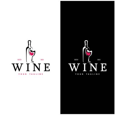 Şarap kadehleri ve şişelerle şarap logosu. Gece kulüpleri, barlar, kafeler ve şarap dükkanları için..