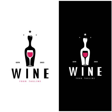 Şarap kadehleri ve şişelerle şarap logosu. Gece kulüpleri, barlar, kafeler ve şarap dükkanları için..