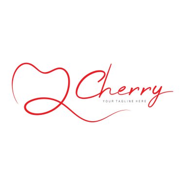 Minimalist yaprak çizgisi tarzında taze kiraz meyvesi logosu. Meyve dükkanı, kiraz çiftliği, pasta ve iş için.,