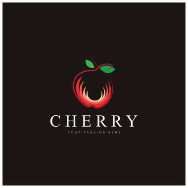 Minimalist yaprak çizgisi tarzında taze kiraz meyvesi logosu. Meyve dükkanı, kiraz çiftliği, pasta ve iş için.,