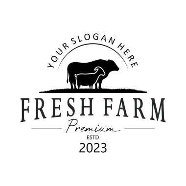 Klasik organik hayvan çiftliği logosu. Ticari, hayvancılık, etiket ve rozetler için retro-retro siluet..