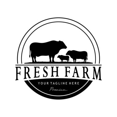 Klasik organik hayvan çiftliği logosu. Ticari, hayvancılık, etiket ve rozetler için retro-retro siluet..