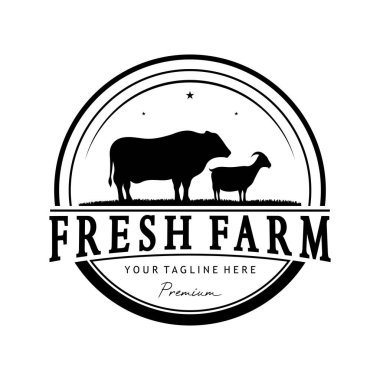 Klasik organik hayvan çiftliği logosu. Ticari, hayvancılık, etiket ve rozetler için retro-retro siluet..