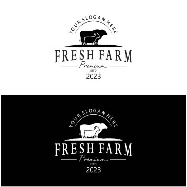 Klasik organik hayvan çiftliği logosu. Ticari, hayvancılık, etiket ve rozetler için retro-retro siluet..