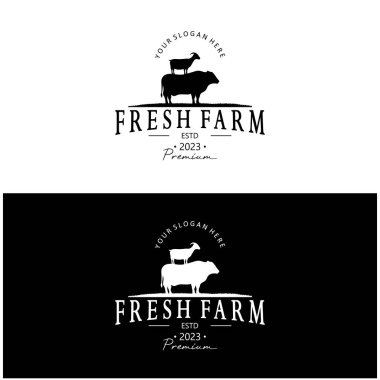 Klasik organik hayvan çiftliği logosu. Ticari, hayvancılık, etiket ve rozetler için retro-retro siluet..