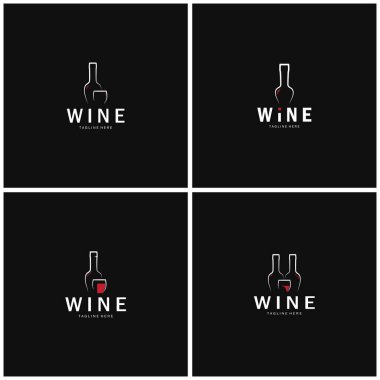 Şarap kadehleri ve şişelerle şarap logosu. Gece kulüpleri, barlar, kafeler ve şarap dükkanları için..