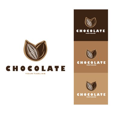 Kakao logosu, kakao çekirdeği, kakao ağacı, kakao dalları ve yapraklar, beyaz arka planda çikolata karışımı, klasik, modern, basit, minimalist resim tasarımı şablonu vektörü