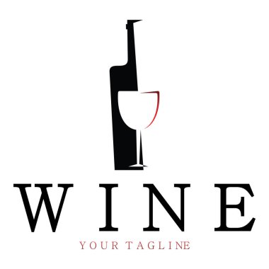 Şarap kadehleri ve şişelerle şarap logosu. Gece kulüpleri, barlar, kafeler ve şarap dükkanları için..