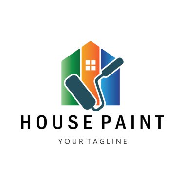 Logo ikonu resimli ev boyası, duvar boyası, minimalist ev, resim, iç mekan, emlak işi, duvar kâğıdı, vektör konsepti için fırça ve rulo karışımı bir karışım.