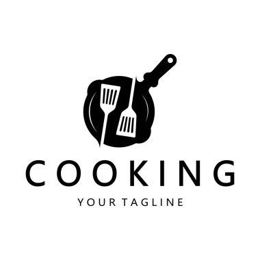 Kızartma tavası ve spatula logosu, mutfak pişirme ekipmanları, iş, şirket, restoran için