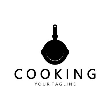 Kızartma tavası ve spatula logosu, mutfak pişirme ekipmanları, iş, şirket, restoran için