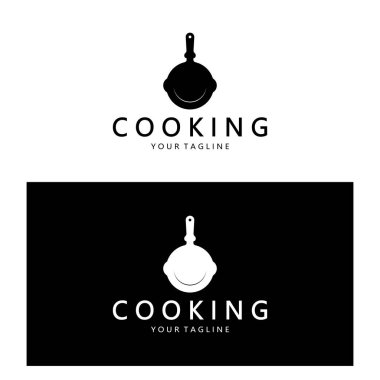 Kızartma tavası ve spatula logosu, mutfak pişirme ekipmanları, iş, şirket, restoran için