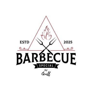 Çapraz alevler ve spatulayla basit bir barbekü ızgarası. Restoran, rozet, kafe ve barın logosu.