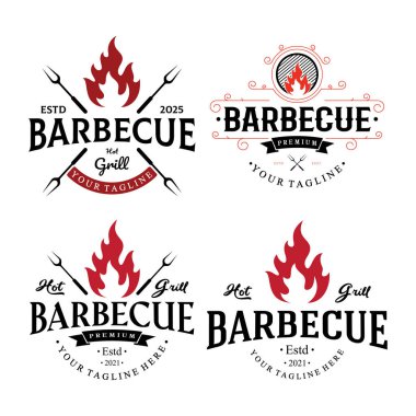 Çapraz alevler ve spatulayla basit bir barbekü ızgarası. Restoran, rozet, kafe ve barın logosu.