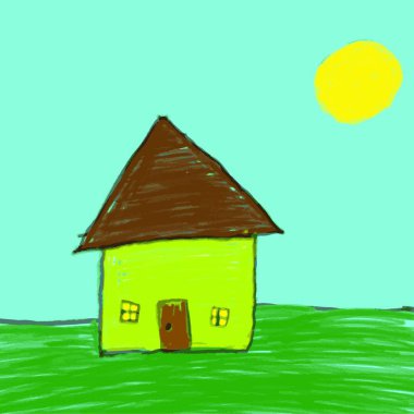 Çocuk yeşil ağaçlı bir evin resmini çiziyor..