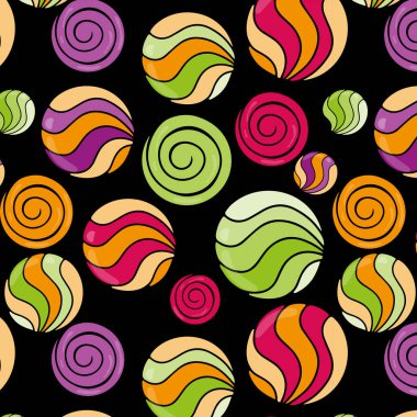 Siyah arkaplanda parlak şekerler ve lolipoplar olan desen