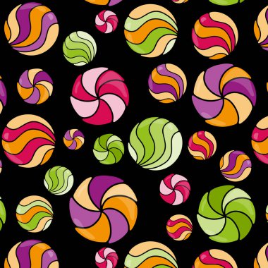 Siyah arkaplanda parlak şekerler ve lolipoplar olan desen