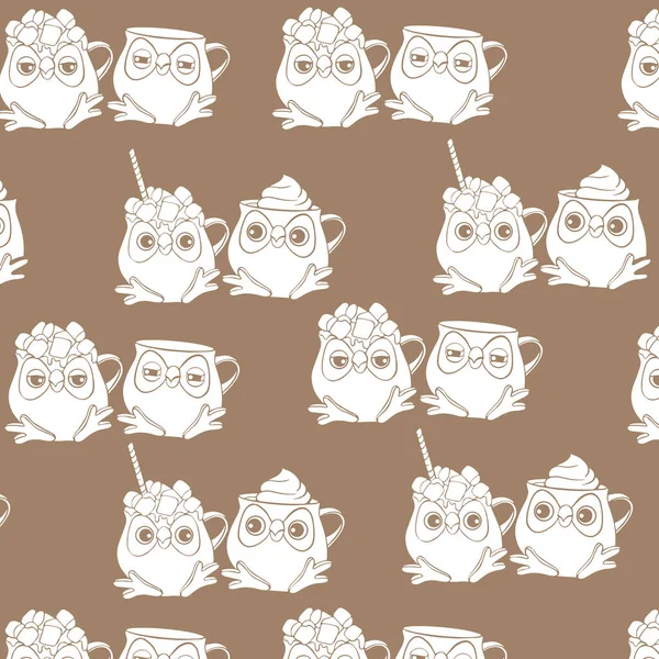 stock vector pattern with drawn contour owl cups and book, coffee