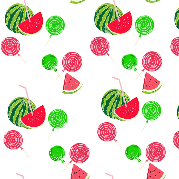 Summer Seamless Pattern Painted Watermelon Candy — Stock Vector