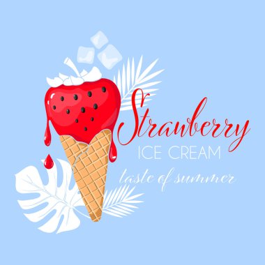 Çilekli dondurma külahı, yazın tadı, el yapımı.