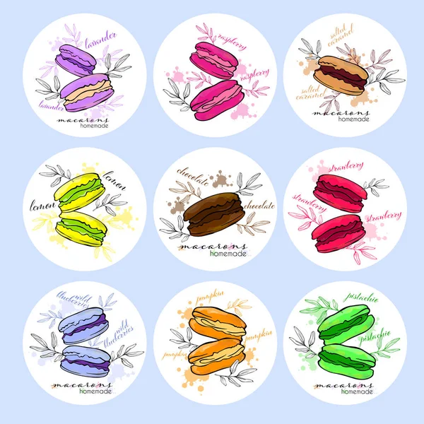 Beschilderde Set Stickers Met Macarons — Stockvector