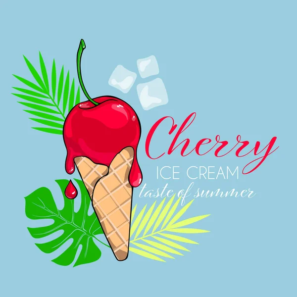 stock vector cherry ice cream in a waffle cone