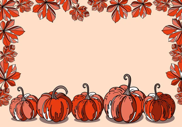 Hand Drawn Autumn Frame Pumpkins Leaves — Stock Vector