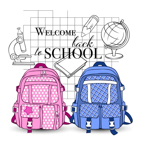 Pink Blue Backpack Hand Drawn — Stock Vector