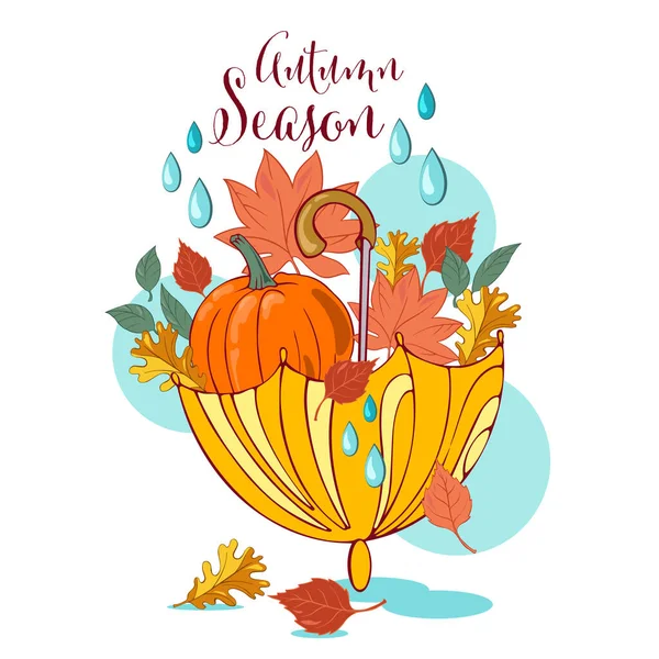 Herbstvektorkarte Mit Gelbem Schirm Und Kürbis Herbstblättern Blumen Und Kürbissen — Stockvektor