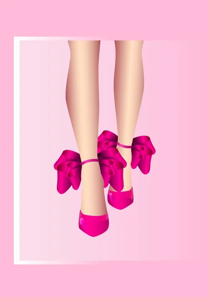 Sapatos Salto Alto Rosa Com Fita Coração Rosa — Vetor de Stock