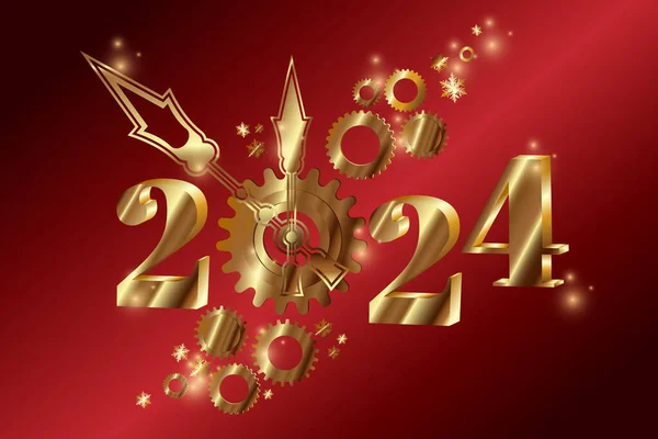 Новогодняя Открытка Золотыми Номерами Часовым Механизмом Стрелками Золотые Часы Новогодние — стоковый вектор