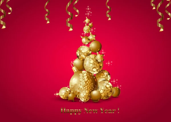 赤い背景の金の球そして雪片が付いているクリスマスの挨拶カード メリークリスマスのレタリング クリスマスと新年の背景 黄金のクリスマスツリーとクリスマスの背景 — ストックベクタ