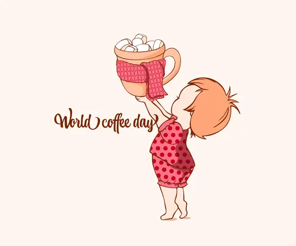 Wereld Koffie Dag Meisje Met Een Kopje Warme Chocolademelk — Stockvector