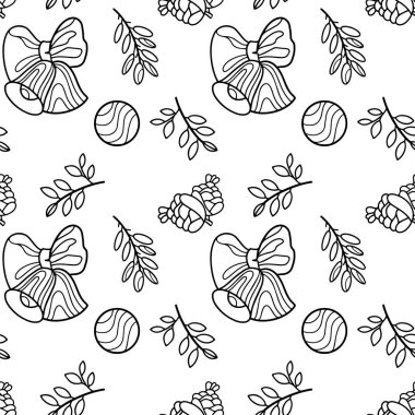 Elle çizilmiş çanlar ve Noel elementleriyle kusursuz bir Noel deseni