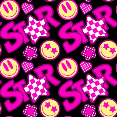 Parlak komik yüzleri ve yazıtları olan kusursuz desen, vektör illüstrasyon y2k, y2k çıkartmaları