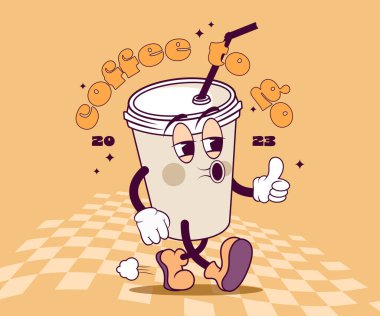 Karikatür tarzı kahve, eski moda kahve, paket kahve, çizgi film çizimi. çizgi film karakteri