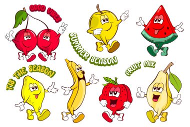 Fruit karakteri ile farklı duygu, kiraz, elma, limon, muz, çilek ve armut gibi çizgi film tarzında tırman.