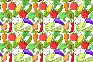 Çeşitli sebzeler çizilmiş, dikişsiz sebze deseni