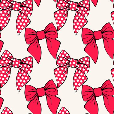 Elle çizilmiş yay, kırmızı yay ve kurdelesiz desen. Fiyonklu tatil geçmişi. Paket kağıdı için el çizimi illüstrasyon