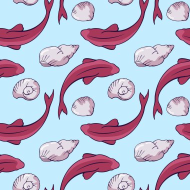 Mavi arka planda balık ve deniz kabukları olan kusursuz bir desen. vektör illüstrasyonu.