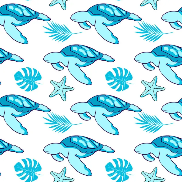 Бесшовный Рисунок Звездами Голубой Черепахи Морскими Животными Векторная Иллюстрация Дизайна Векторная Графика