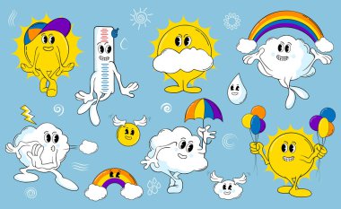 Güneş ve bulutlu çizgi film karakterleri, hava durumu etiketleri.