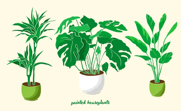 Набор Зеленых Растений Кастрюле Окрашенных Крытые Цветы Горшки Лицензионные Стоковые Иллюстрации
