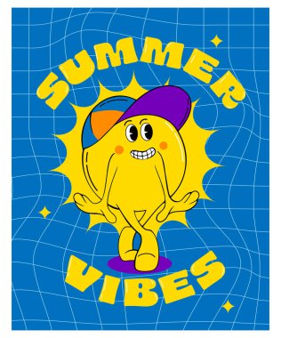 Havalı çizgi film güneşi, yaz titreşimleri, harika karakter güneşi, poster