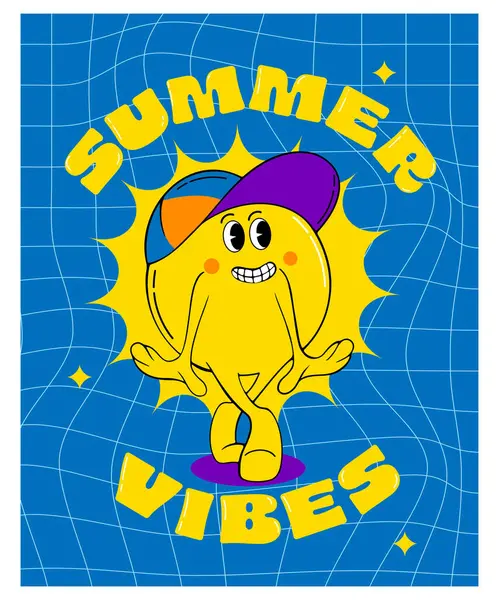 Groovy Cartoon Sun Summer Vibes Groovy Character Sun Poster Стоковая Иллюстрация